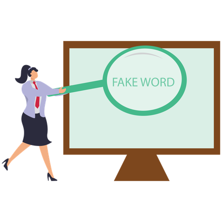 Businesswoman using magnify to laptop and sees word fake  Illustration