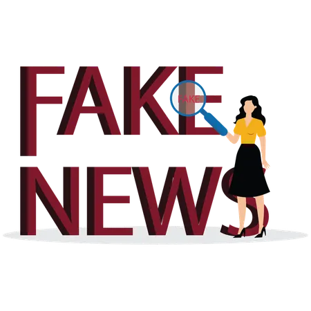 Businesswoman using magnify to word news in large size and word fake appears  Illustration