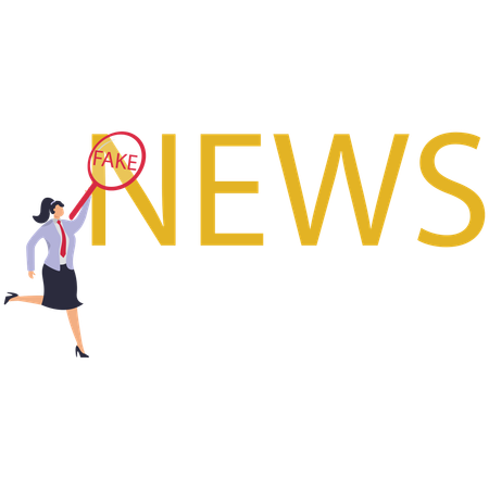 Businesswoman using magnify to word news in large size and word fake appears  Illustration