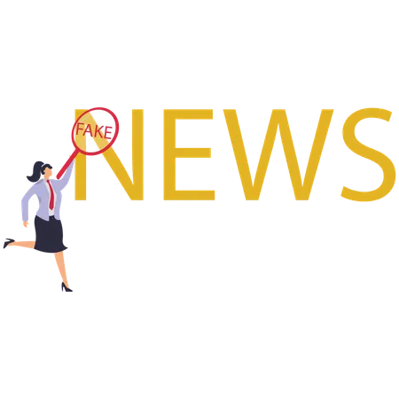 Businesswoman using magnify to word news in large size and word fake appears  Illustration