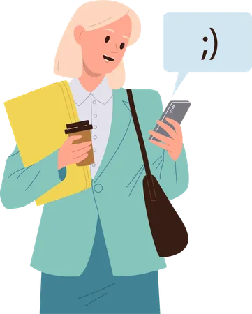 Businesswoman Or Office Worker Cartoon Character Using Mobile Phone Chat Messenger For Communication Sending Or Receiving Cute Smiley Text Symbol Vector Illustration Isolated On White Background Illustration
