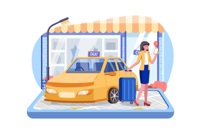 Businesswoman using smart phone for cab booking Illustration