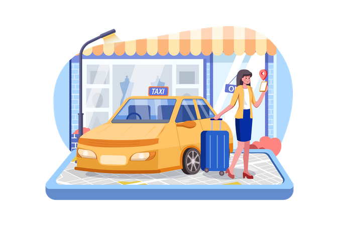 Businesswoman using smart phone for cab booking  Illustration