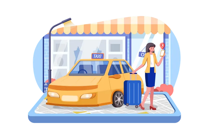 Businesswoman using smart phone for cab booking  Illustration