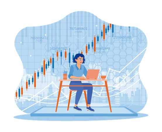 Businesswoman Using Tablet With Upward Arrow And Business Graph  Illustration