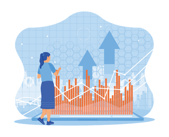 Businesswoman using tablet with upward arrow business graph  Illustration
