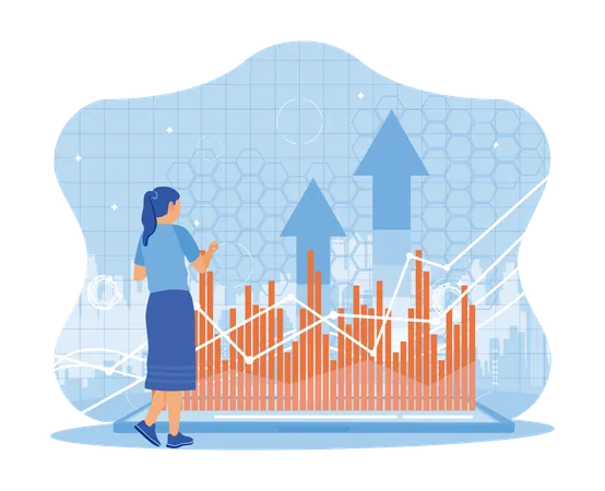 Businesswoman using tablet with upward arrow business graph  Illustration