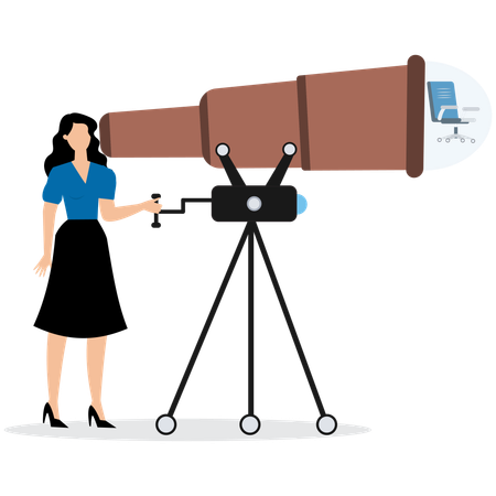 Businesswoman using telescope to find new vacant chair  Illustration