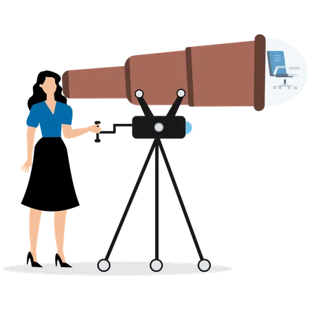 Businesswoman using telescope to find new vacant chair  Illustration