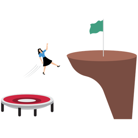 Businesswoman using trampoline to reach goal  Illustration