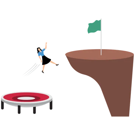 Businesswoman using trampoline to reach goal  Illustration