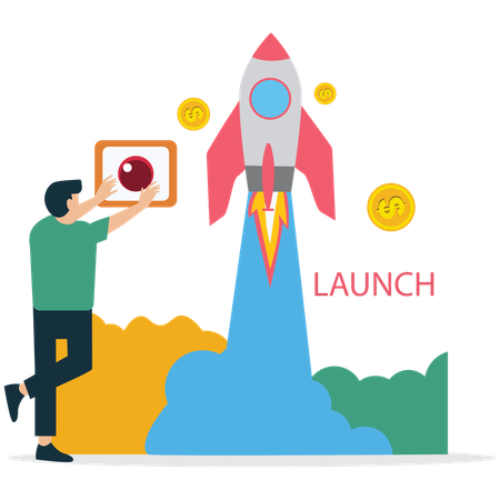Businesswoman viewing Startup Launch Strategy  Illustration