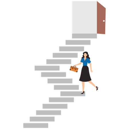 Businesswoman walk staircase to find opening opportunity door  Illustration