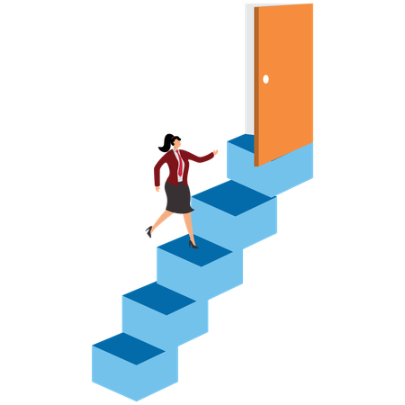 Businesswoman Walk Staircase To Find Opening Opportunity Door  Illustration