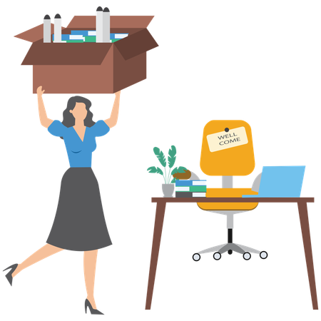 Businesswoman walk to welcoming office desk hold box  Illustration