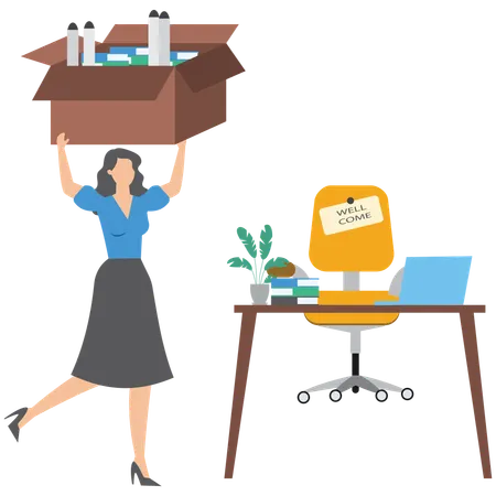 Businesswoman walk to welcoming office desk hold box  Illustration
