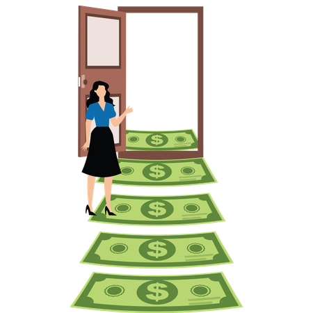 Businesswoman walk up money ladder and open door  Illustration