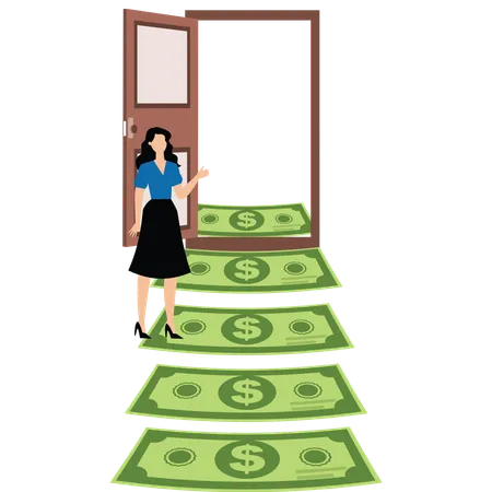 Businesswoman walk up money ladder and open door  Illustration