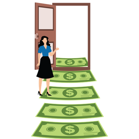 Businesswoman walk up money ladder and open door  Illustration