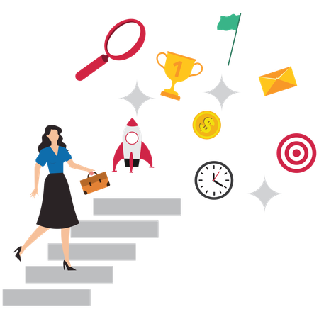 Businesswoman walk up strategy stair  Illustration