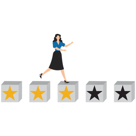 Businesswoman walking on 5-star rating loading panel  Illustration