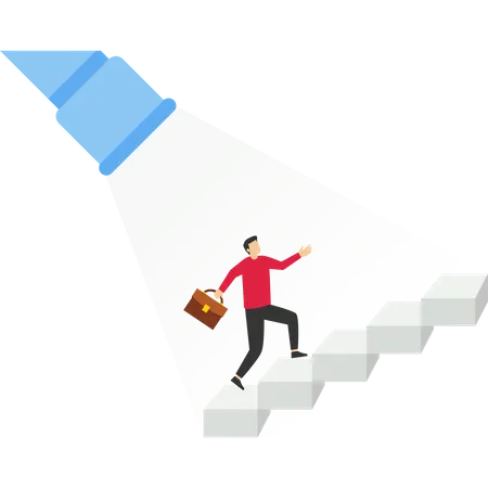 Concept Of Business Consulting HR Recruiting Hands On Coaching Career Navigation Or Guidelines For Success Concept Businesswoman Walking On Stairs Towards Beam From Flashlight Flat Vector Design Illustration