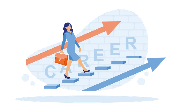 Businesswoman Walking On Up Staircase While Getting Career Growth  Illustration