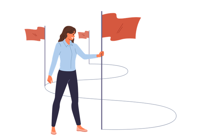 Businesswoman walking path to success and inserts winner flags on way to achieving professional goals  Illustration