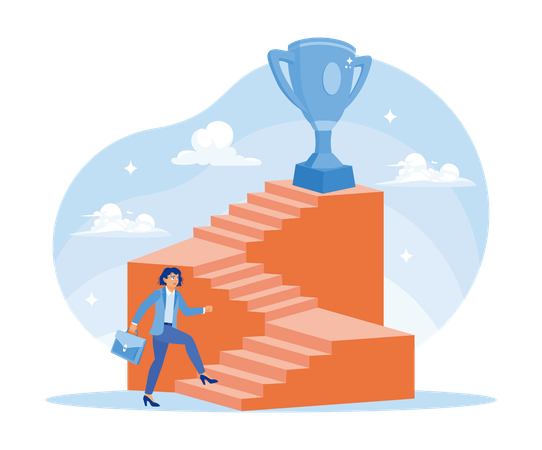 Businesswoman walking up stairs achieving business goals.  Illustration