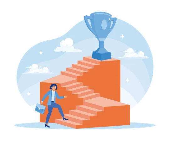 Businesswoman walking up stairs achieving business goals.  Illustration