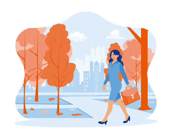 Businesswoman walks in a city park with a briefcase  Illustration