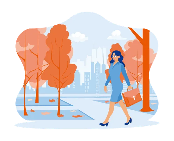 Businesswoman walks in a city park with a briefcase  Illustration