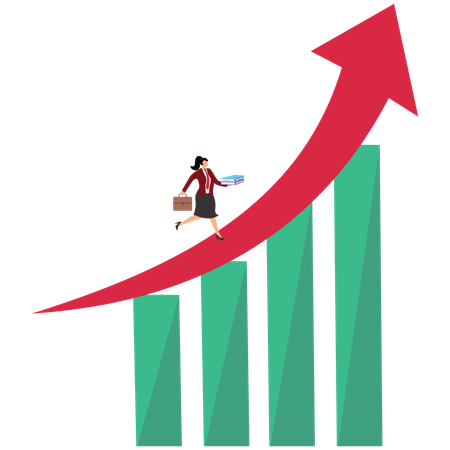 Businesswoman walks on growing arrow  Illustration