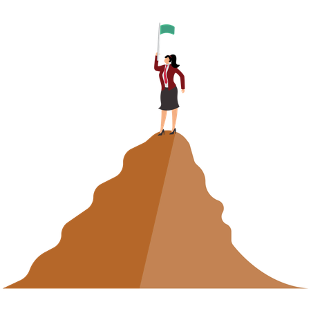 Businesswoman walks to the victory flag on the top of the mountain  Illustration