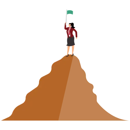 Businesswoman walks to the victory flag on the top of the mountain  Illustration