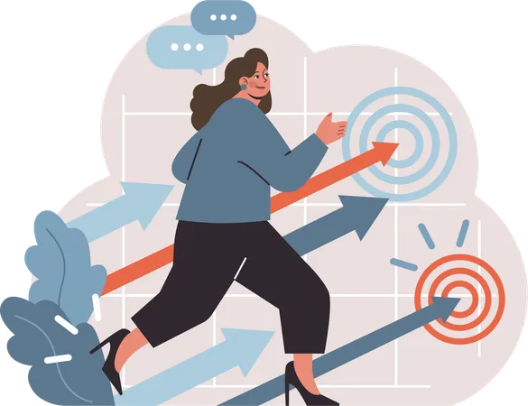 Businesswoman walks towards business targets  Illustration