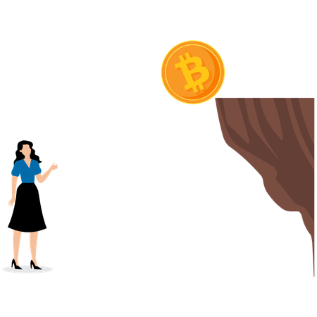 Businesswoman watching bitcoin falling from cliff  Illustration