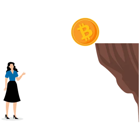 Businesswoman watching bitcoin falling from cliff  Illustration