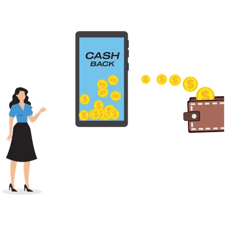 Businesswoman watching cash back promotion on smartphone  Illustration