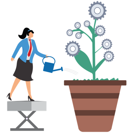 Businesswoman Water the gear tree, A tree full of gears needs more watering  Illustration