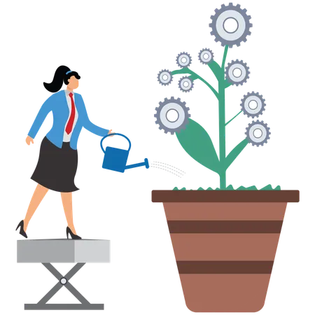 Businesswoman Water the gear tree, A tree full of gears needs more watering  Illustration