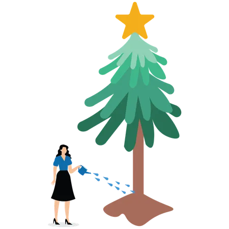 Businesswoman watering bright star tree to grow  Illustration