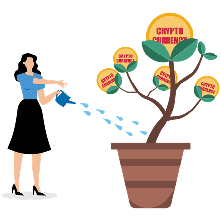 Businesswoman watering cryptocurrency tree  Illustration