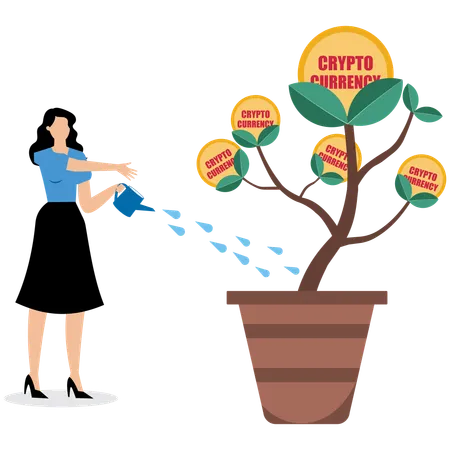 Businesswoman watering cryptocurrency tree  Illustration