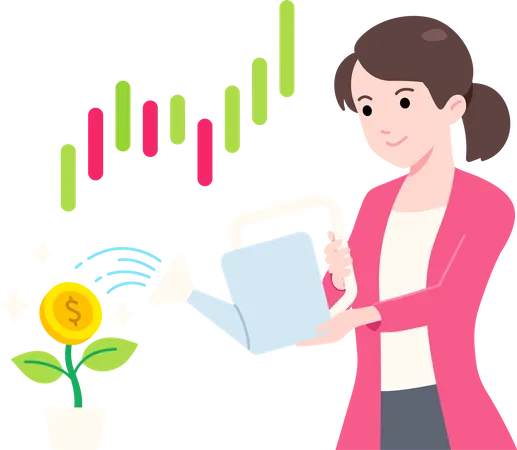 A 14 Female Entrepreneur Watering Flower In The Shape Of A Coin Like An Investment Business Flat Illustration