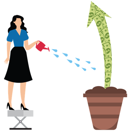 Businesswoman watering the growing arrows made of notes  Illustration