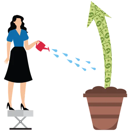 Businesswoman watering the growing arrows made of notes  Illustration