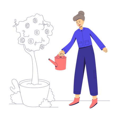 Businesswoman watering tree with coins  Illustration