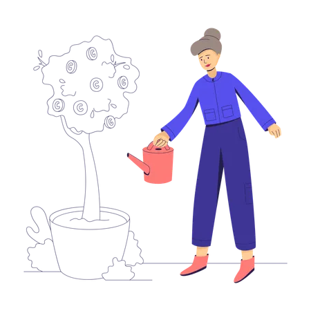 Businesswoman watering tree with coins  Illustration