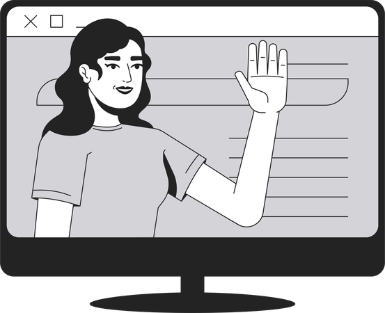 Businesswoman waving from computer screen  Illustration